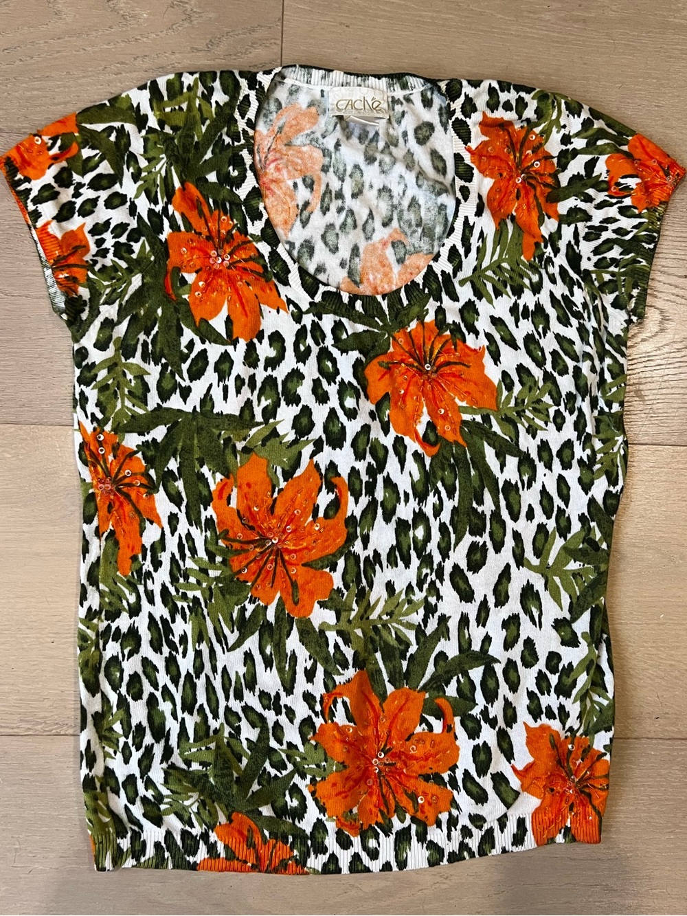Vintage Caché Floral Leopard Print Knit Top Beaded Accents Size M